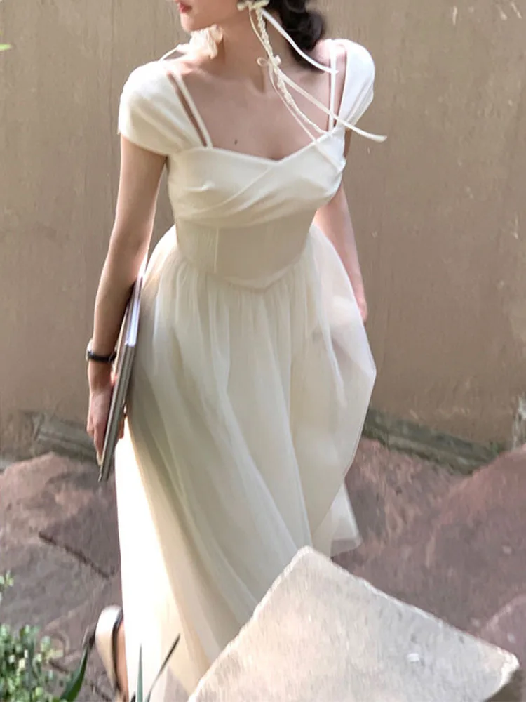 

Elegant Dresses for Women Short Sleeve Streetwear French Style Dress Fairycore Solid Midi Allne 2023 New Spring Summer Dress