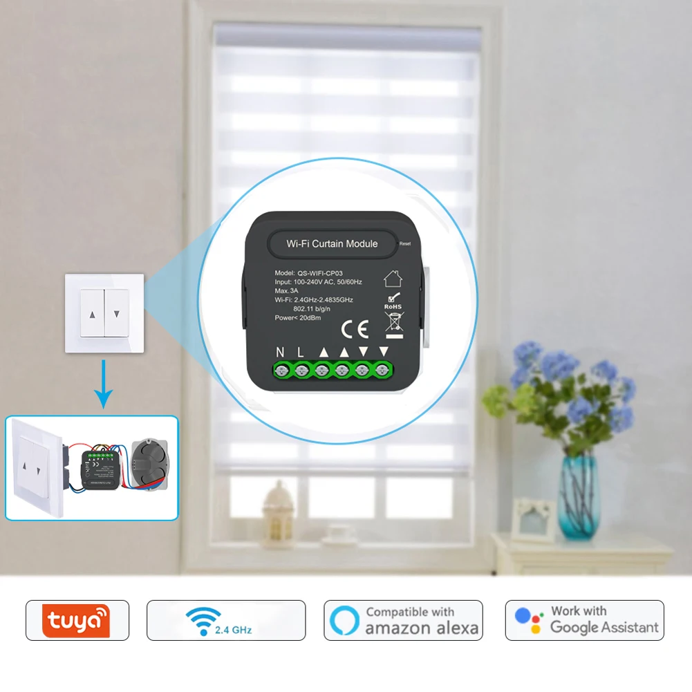 Интеллектуальный модуль занавесок QS-WIFI-CP03 Tuya Wi-Fi для рулонных жалюзи двигатель