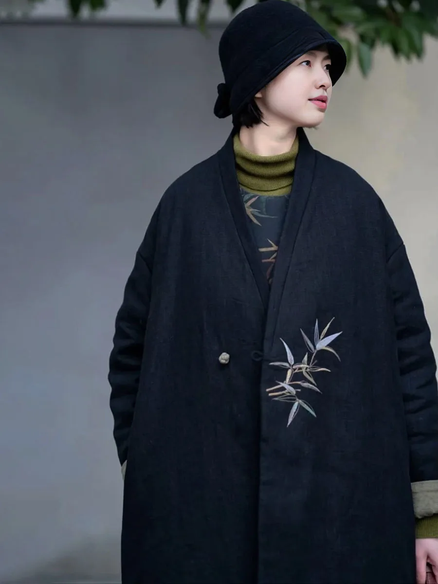 Осенне-зимняя льняная куртка с хлопковой подкладкой и вышивкой женское