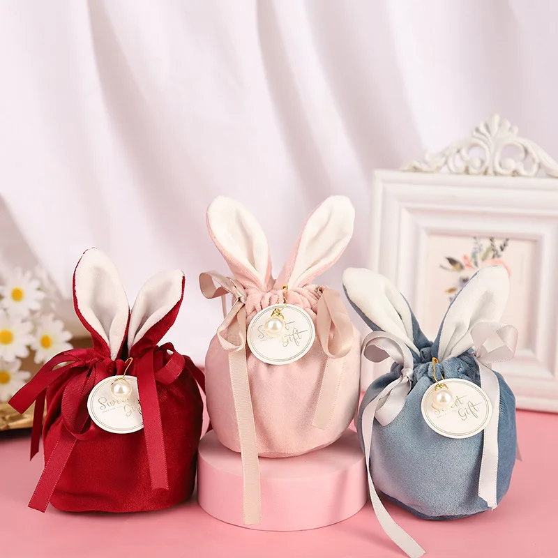 

10/20 Pcs Wedding Velvet Bunny Ear Candy Tote Bag Birthday Party Gift Box Baby Shower Chocolate Packaging