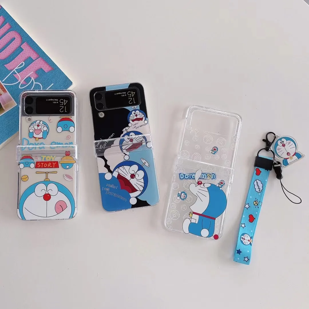 

Japanese anime Doraemon with lanyard Phone Case for Samsung Galaxy Z Flip 4 Flip3 PC Back Case Protective Shell
