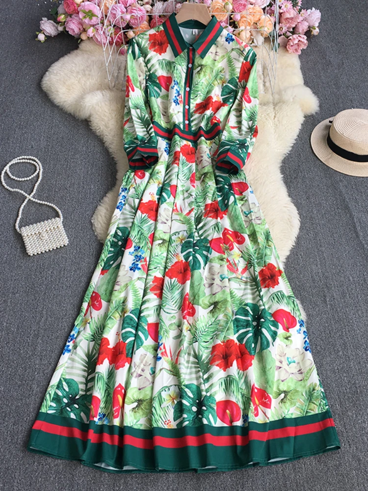

LY VAREY LIN New Spring Autumn Floral Print Long Dress Women Elegant Lapel Single Breasted Dress Lady Fashion Slim A-line Dress