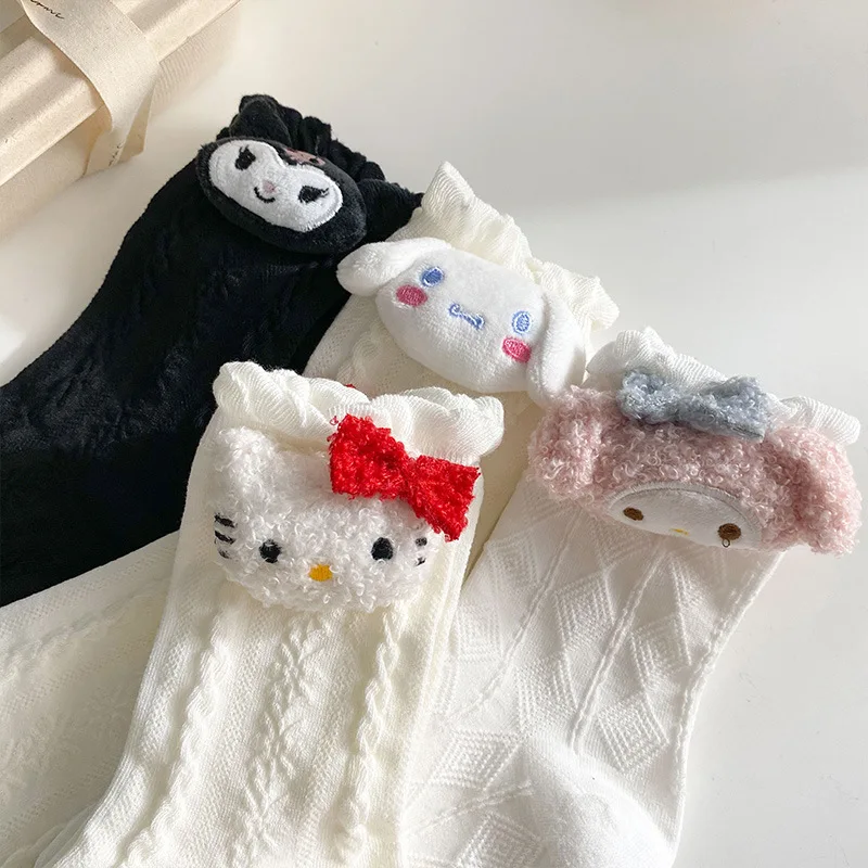 

Sanrios аниме Hellokitty Kuromi Cinnamoroll MyMelody плюшевые носки осень-зима Ins милые Мультяшные носки среднего размера из чистого хлопка для девочек