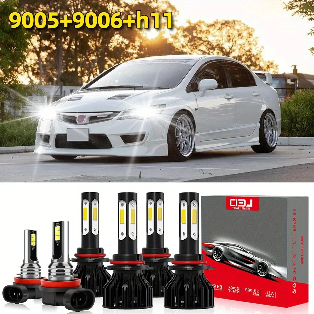 Фото Подходит для Honda Civic 2007-2015 светодиодный фары дальнего/ближнего света + Противотуманные фары Combo 9005 9006 H11 500% ярче 6000K белый Plug And Play №1