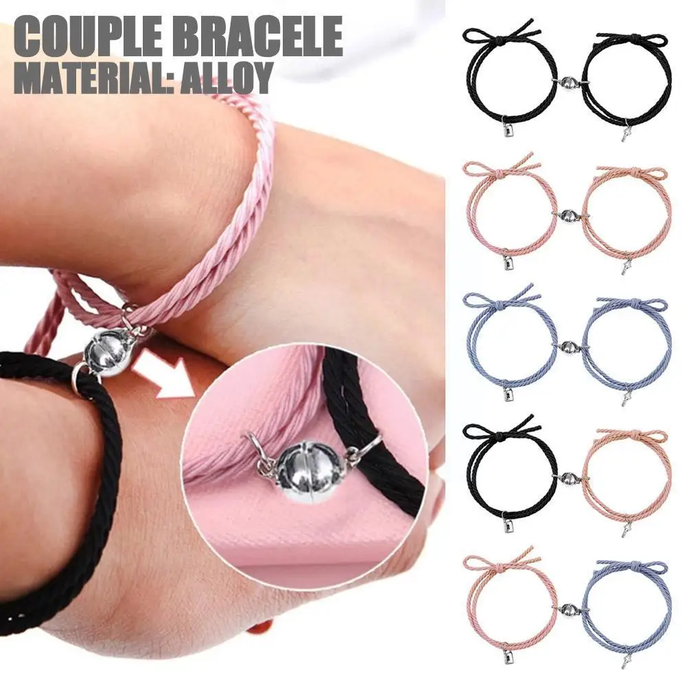 

1 Pair Magnet Couple Bracelets for Lovers Lock Heart Magnetic Bracelet for Women Men Adjustable Braided Rope Jewelry Gift G1H4