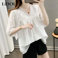 summer solid color elegant fashion kawaii chiffon womens shirt aesthetic casual short sleeve blouse female sweat chic lady tops