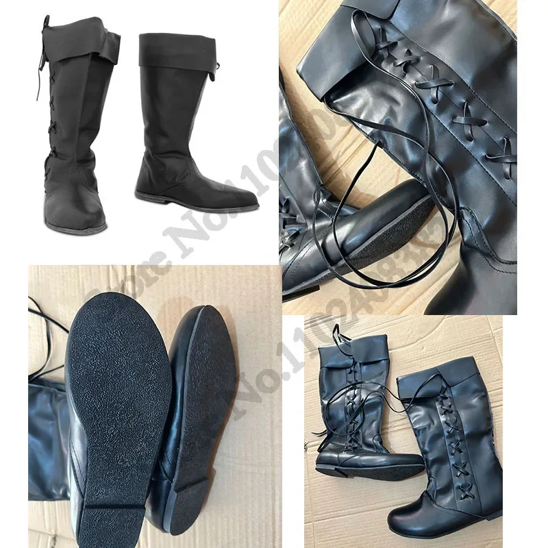 Medieval Retro Men Knight Cosplay PU Leather Short Ankle Boots Carnival Party Women Gothic High Tube Lace Up Shoes