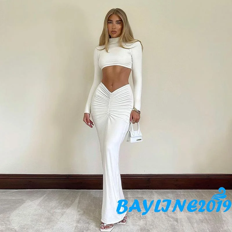 

Bayline-Women Crop Tops Long Sleeve High Neck Short Shirt Pleated Wrapped Solid Color Skirt