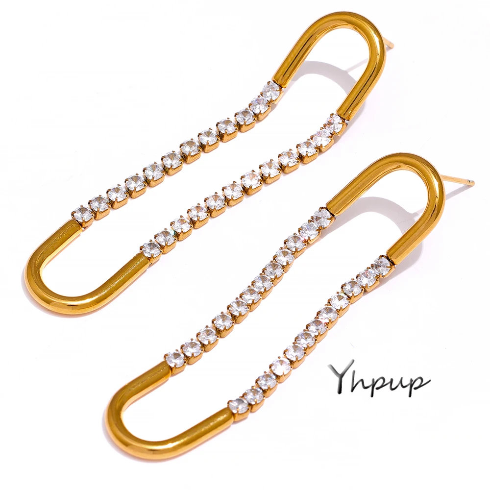 

Yhpup Cubic Zirconia Temperament Earrings Stainless Steel Luxury Long Drop Earrings For Women Party Jewelry