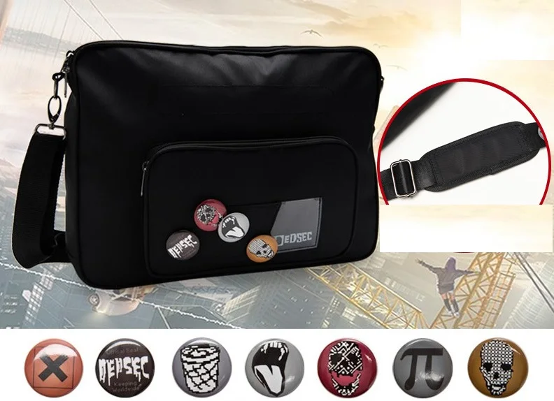 Watch Dogs 2 Marcus Holloway Cosplay Crossbody Bag Black Single Shoulder Bag with Free Badges Accessories
