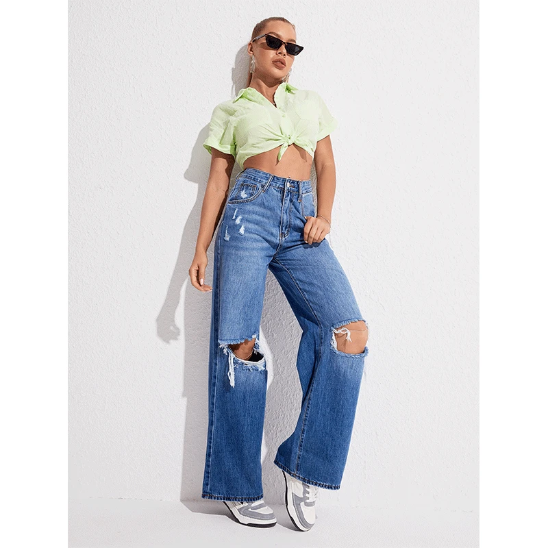 

Solid Hole Denim Trousers Women's Fashion Washed Ladies Casual Ripped Blue Jeans Vintage Loose High Waist Wide Leg Pants Cowgirl