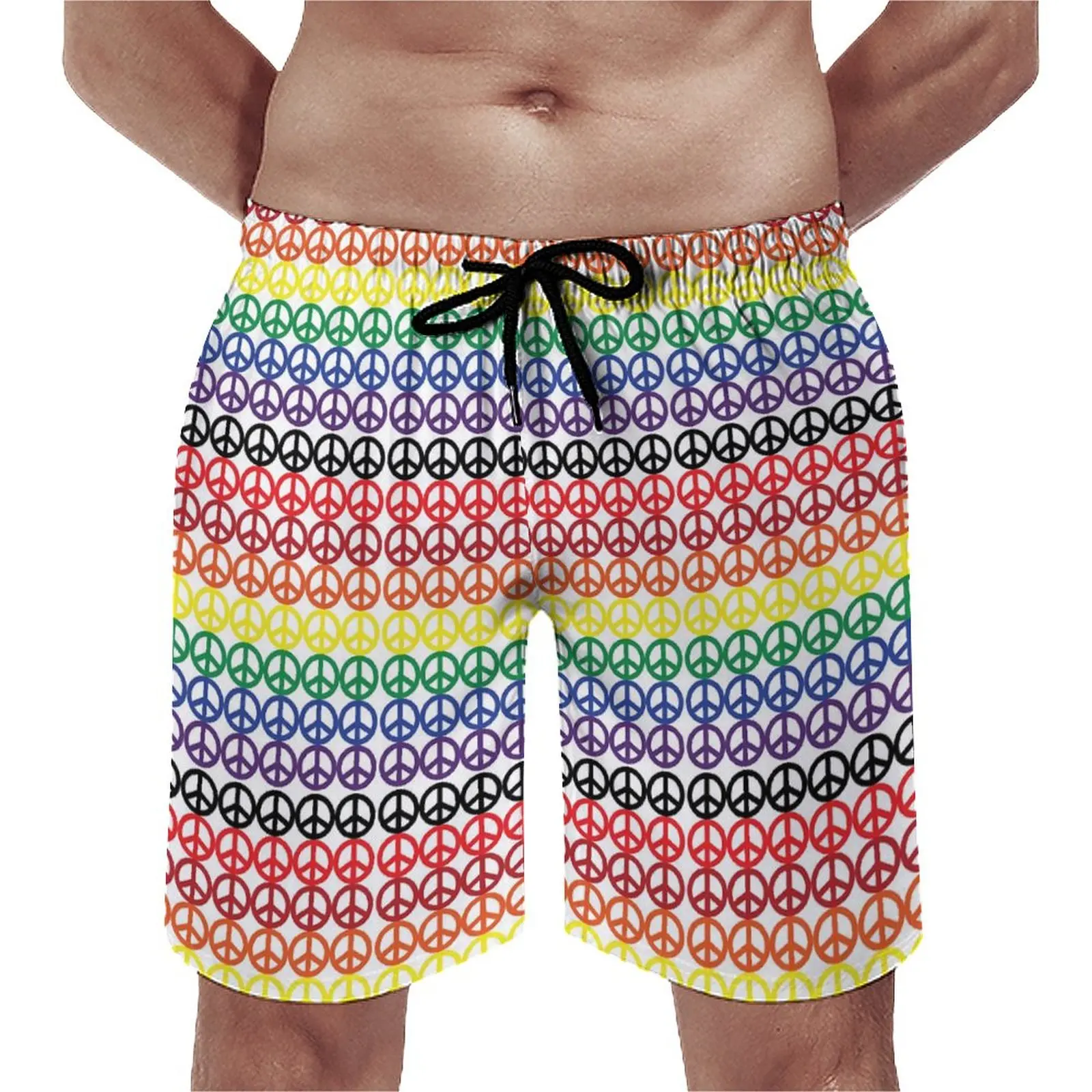 

Peace Symbol Print Board Shorts Summer Rainbow Stripes Sports Beach Shorts Men Quick Drying Vintage Custom Oversize Beach Trunks