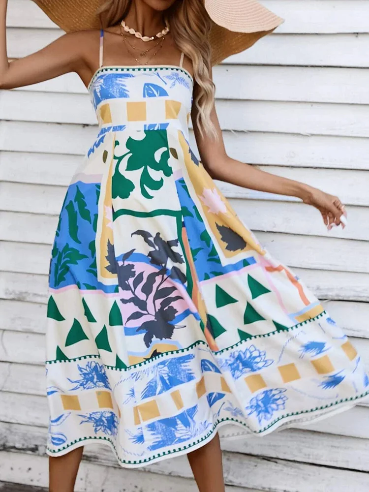 

Women Summer Sexy Printed Sling Party Dress Square Collar Sleeveless Patchwork Ladies Dress 2023 Elegant Streetwear Dropshipping