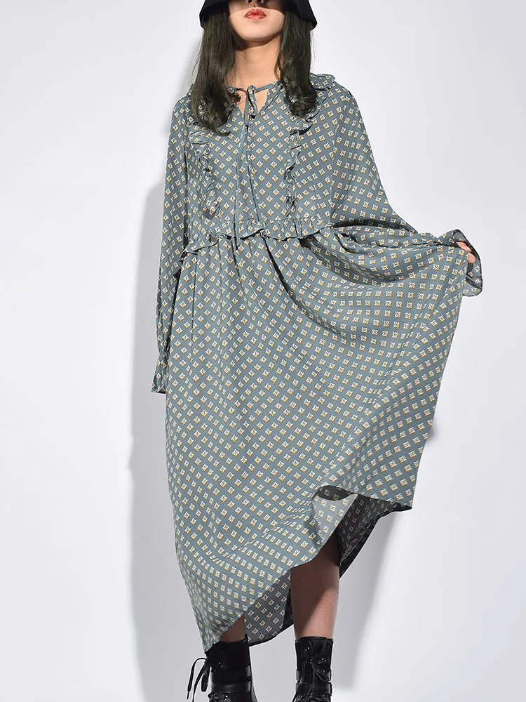 [XITAO] Europe Fashion New Women 2019 Spring O-neck Full Sleeve Casual Dress Female Ruffles Print Wooden Ear GWY2916 | Женская одежда