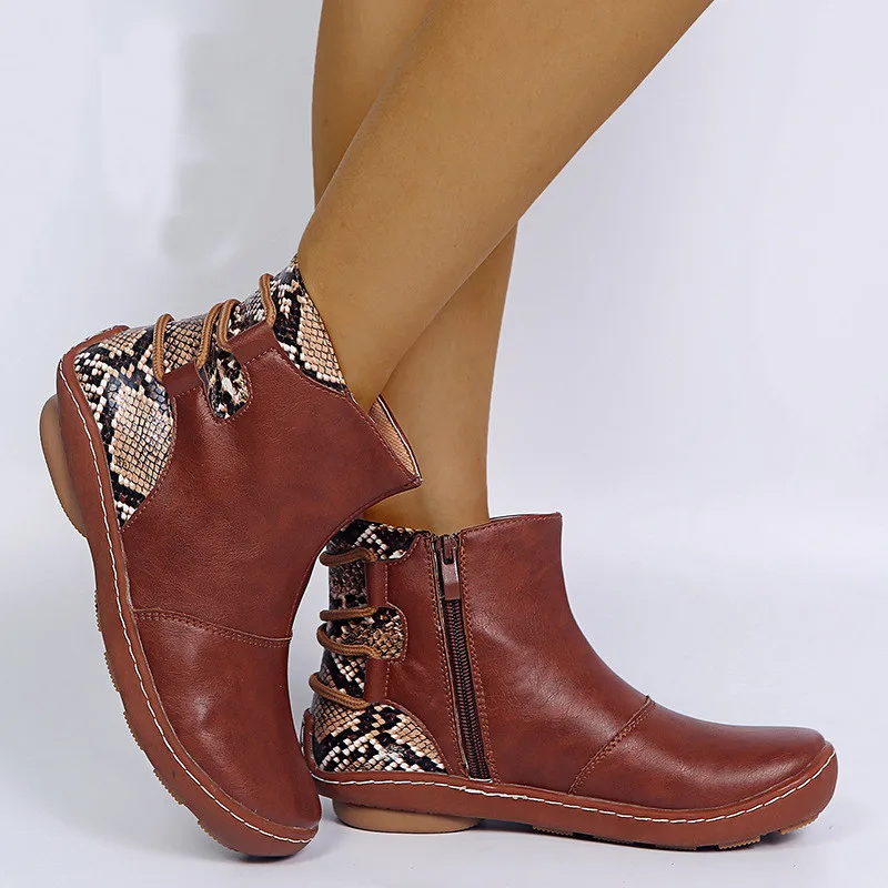 

Women Fashion Patchwork Boots Female Low Heel Retro Ankle Boots Woman Comfortable Zipper Shoes Gray Brown Size 35-43