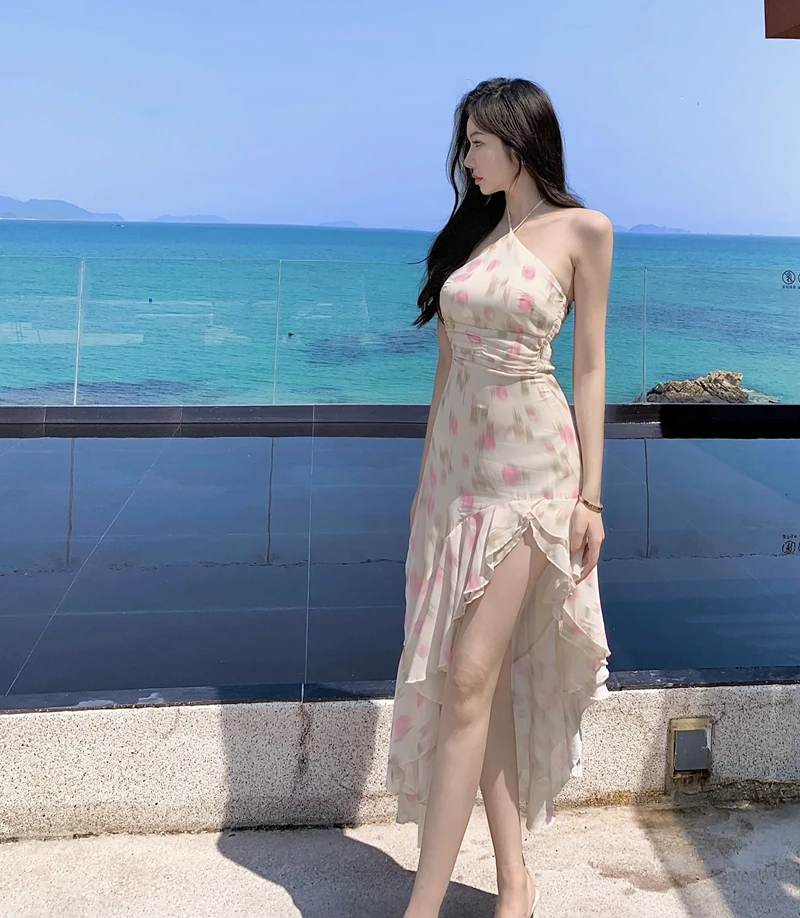 

French Gentle Pink Floral Dress Women Summer 2023 Fashion Design Ruffle Split Beach Resort Chiffon Long Elegant Party Dress