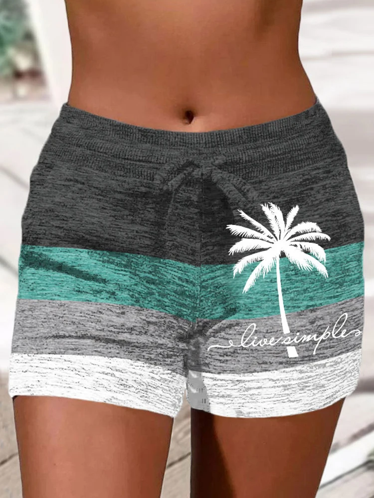 Cute Coconut Tree Color Block Shorts Summer Drawstring Shorts for Women's Comfy Activewear Lounge Shorts Elastic with Pockets