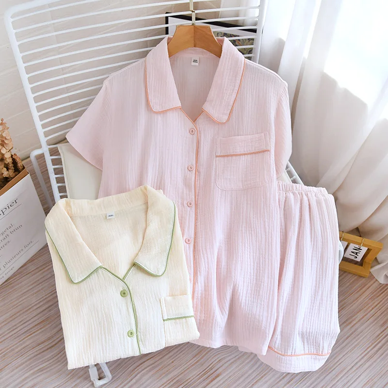 Summer Pajamas Women's Thin Cotton Gauze Solid Color Home Service Turn-down Collar Short-sleeved Shorts Simple Loungewear