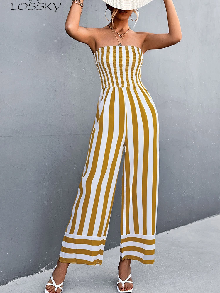 Summer Elegant Strapless Jumpsuit Long Women Fashion Black Striped Overalls Wide Leg Rompers Backless Sexy Outfits For Woman