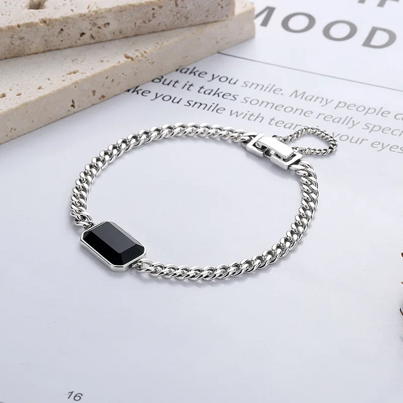 

S925 Silver Watch Clasp Bracelet for Women, Enamel Rectangle Pendant and Thick Side Chain Design