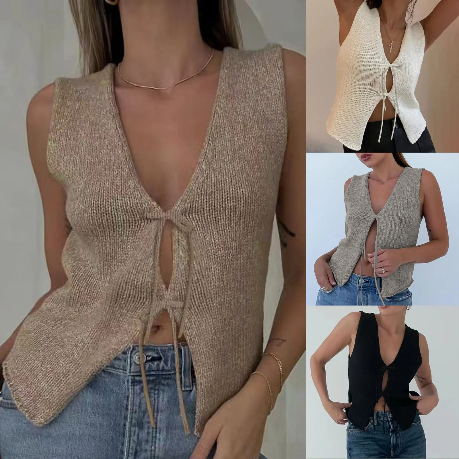 Женский трикотажный жилет винтажный простой однотонный без рукавов с V-образным