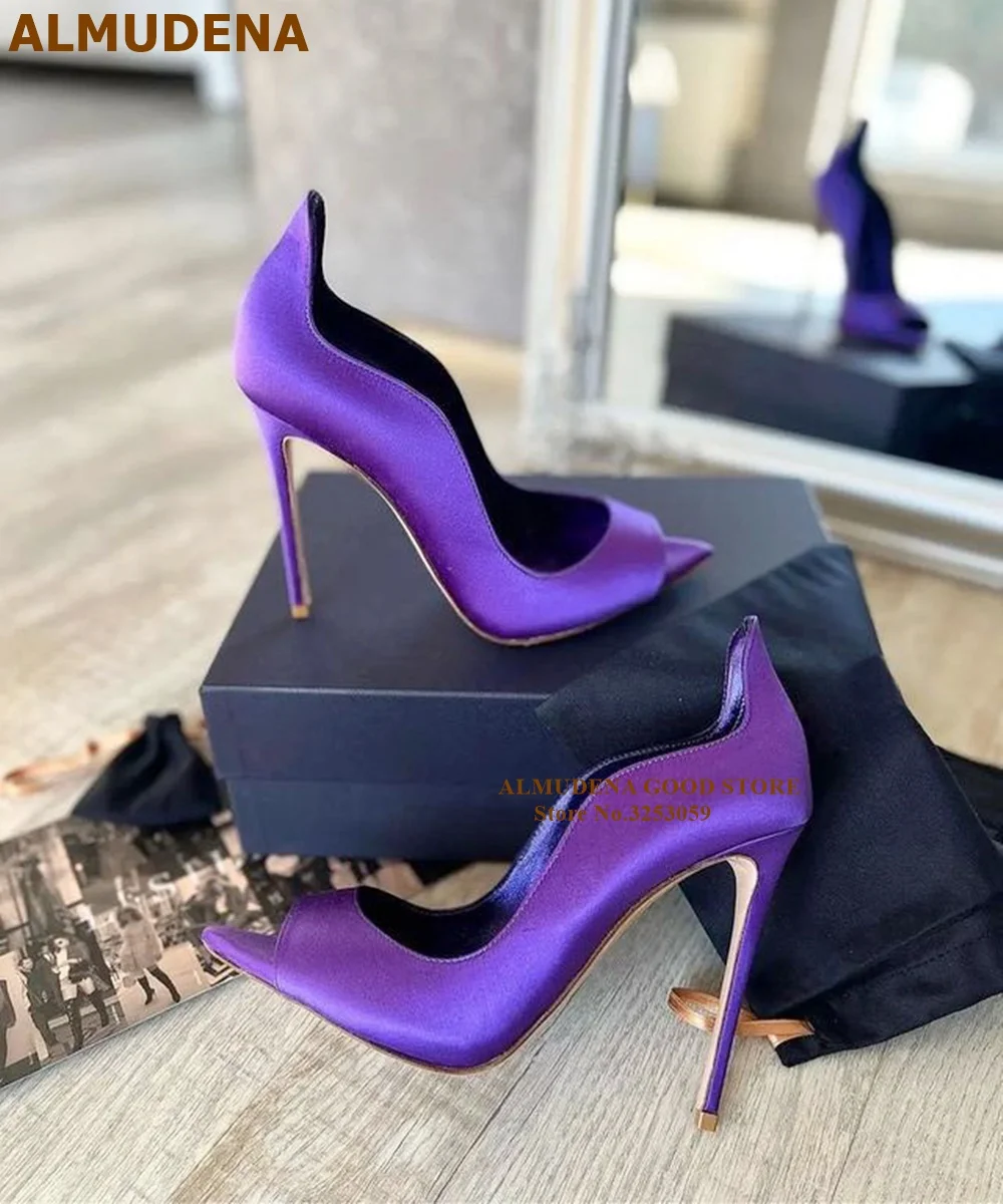 ALMUDENA Purple Satin Cloth 12cm 10cm 8cm High Heel Shoes Shallow Cut Open Pointed Toe Dress Pumps Size45 Designer Banquet Shoes