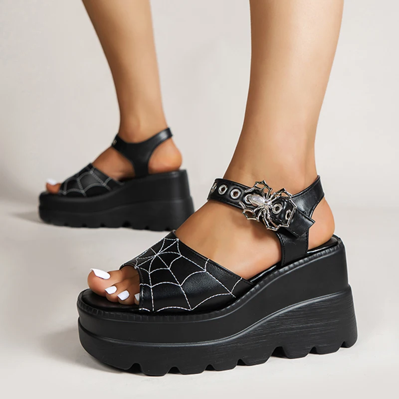 

Punk Chunky Platform Sandals Women Summer 2023 Y2K Wedge Heeled Sandals Woman Plus Size 43 Patent Leather Black Gothic Shoes