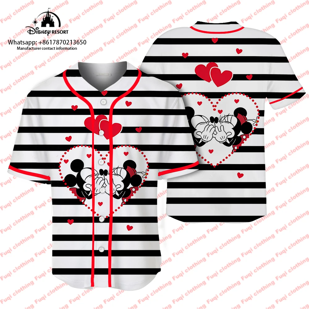 

Disney Minnie Mickey striped shirt summer men's button baseball uniform casual street T-shirt men's short-sleeved T-shirt