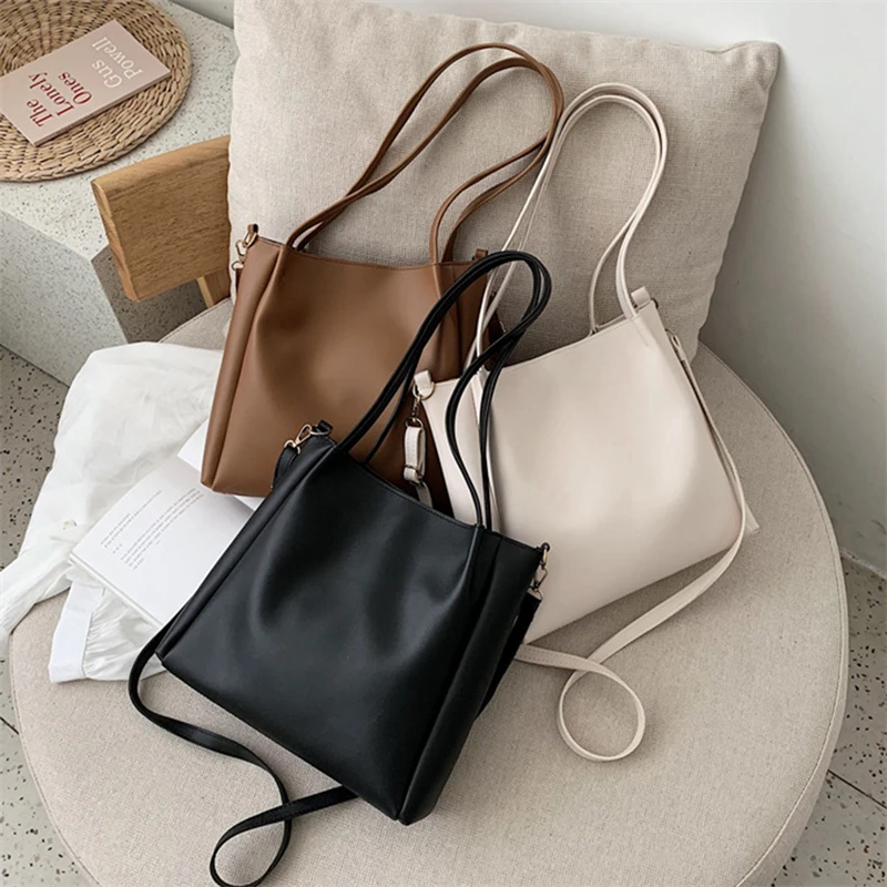 

Vintage Bucket Shoulder Bag Women's PU Leather Handbags Large Capacity Student Handle Totes Designer Crossbody Bag Feminin