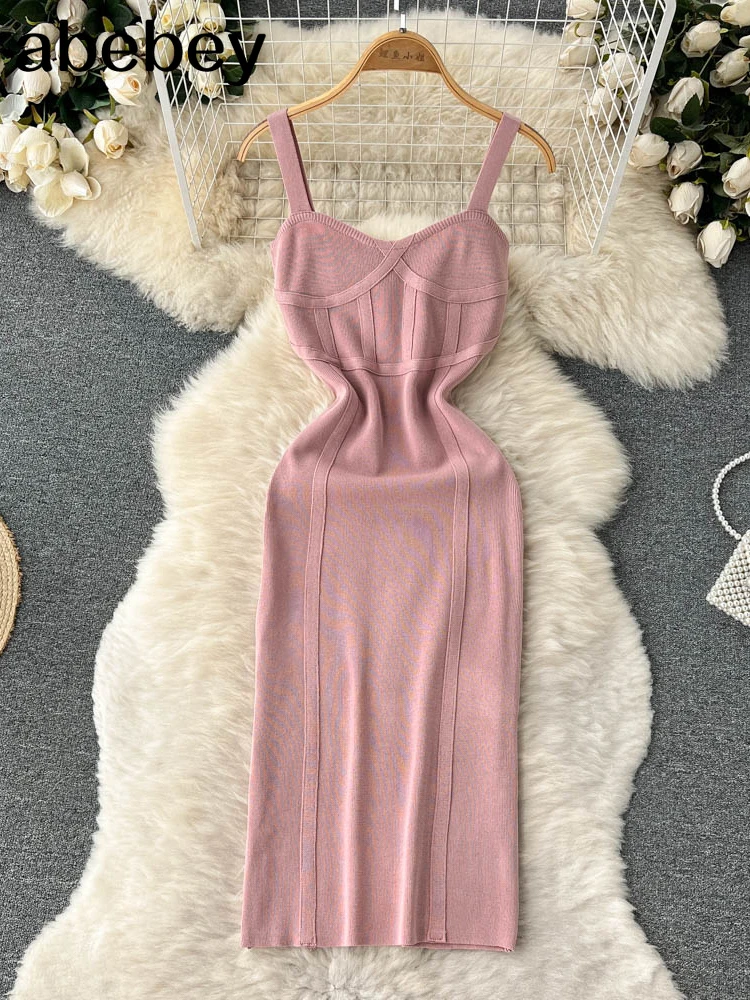 

Women Summer Knitted Dress Squre Neck Sleeveless Backless Sheath Sundress Streetwear Ladies Sexy Party Long Dresses