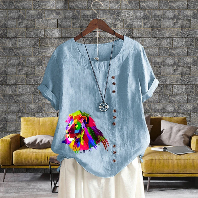 Женская льняная блузка с круглым вырезом, свободная рубашка в стиле ретро с принтом головы льва, однотонная блузка с коротким рукавом, Новинка лета 2022