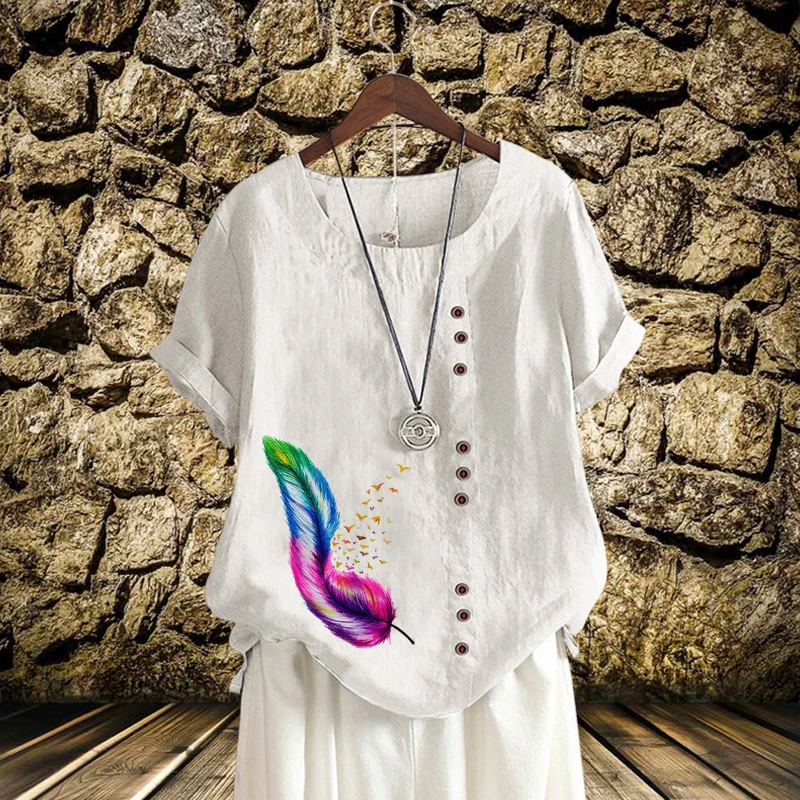 

Женская льняная блузка с круглым вырезом и коротким рукавом, 11 цветов