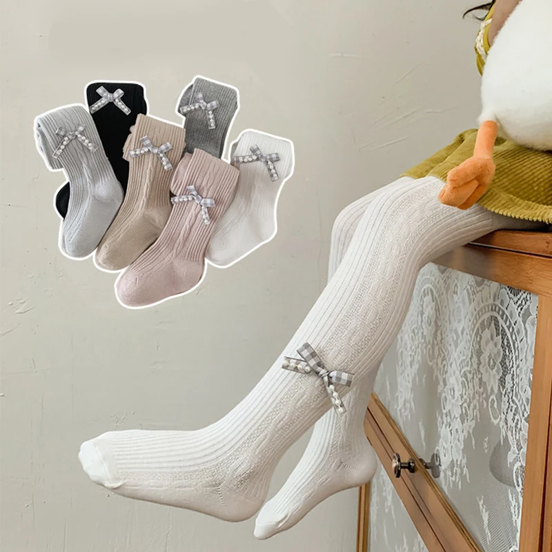 

Детские колготки, детские колготки для девочек, Осенние Колготки с бантом для маленьких девочек, хлопковые теплые колготки в рубчик для мла...