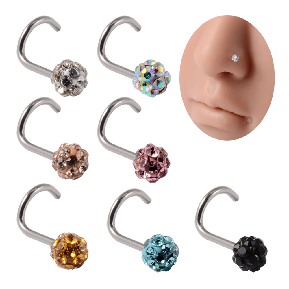 1PC 316l Surgical Steel Epoxy Crystal Balls Nostril Bendable Ring Nose Bone Studs Piercing Body Jewelry 20G