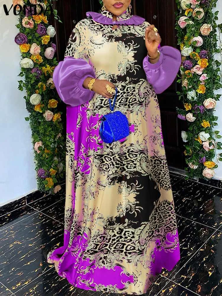 

Women Dress 2023 VONDA Vintage Stand Collar Ruffle Dress Long Lantern Sleeve Satin Patchwork Pattern Long Foor Sundress Baggy