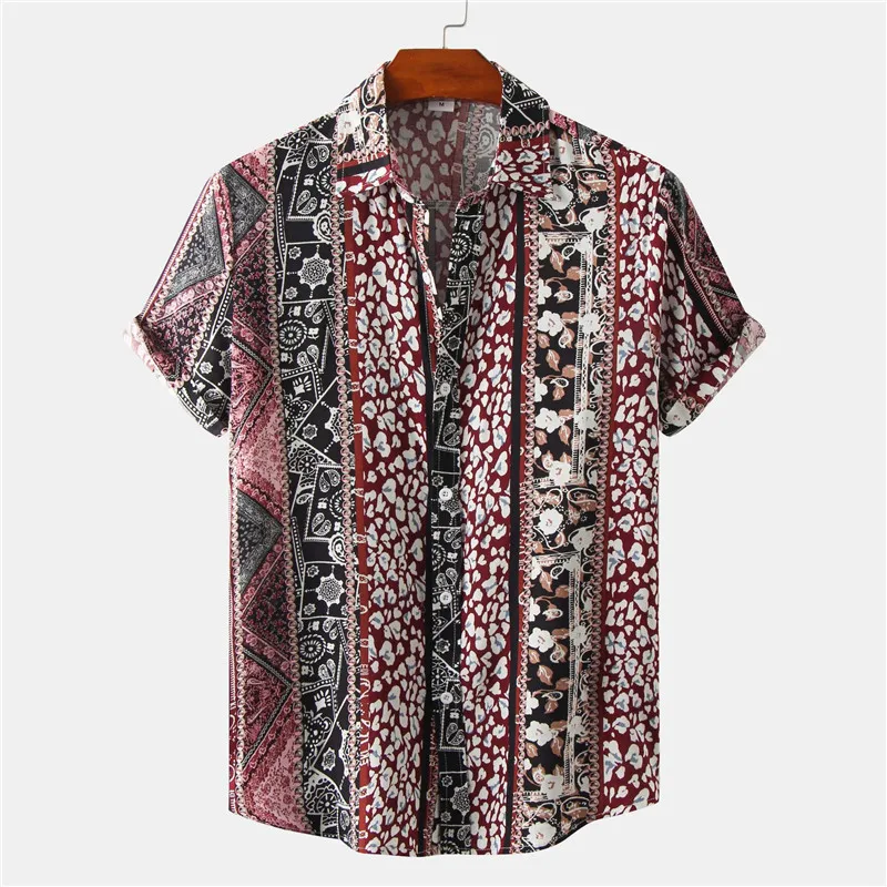 

Мужская дышащая гавайская рубашка, винтажная Этническая рубашка в стиле пэчворк с геометрическим рисунком, на пуговицах