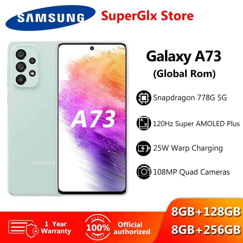 Original Samsung Galaxy A73 Global Rom 5G Smartphone Snapdragon 778G 120Hz Super AMOLED Plus 5000mAh Battery 108MP Quad Cameras