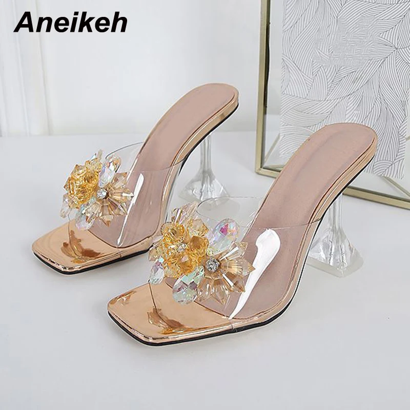 

Aneikeh Sexy Transparent Heel Fashion PVC Beautiful Crystal Flower Decoration Square Toe Women Summer Slippers Sandals Size34-46