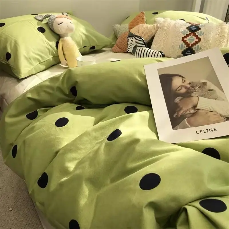 

Ins Wave Point Washed Cotton Four-piece Set Girl Heart Fresh Green Simple Student Dormitory Quilt Cover Sheet Three-piece Set