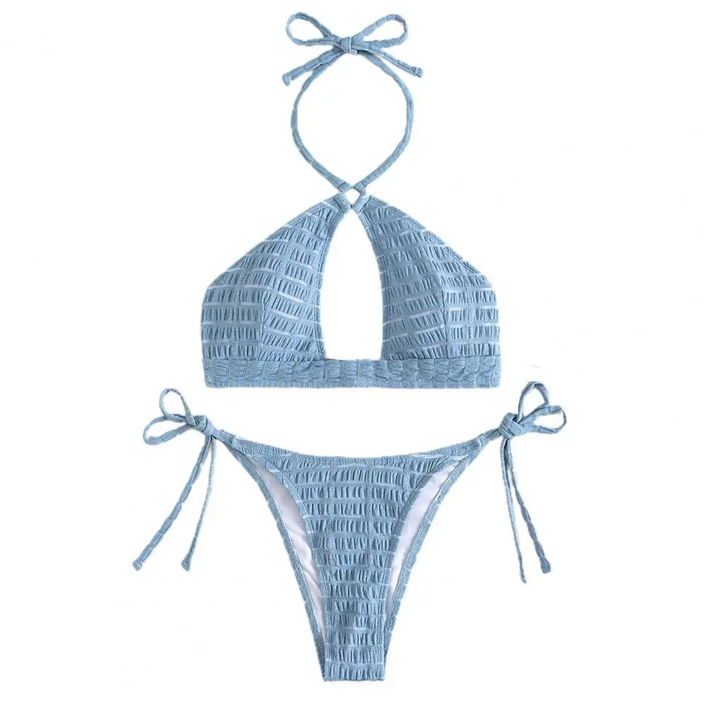 

2 шт./компл. летний комплект бикини, Однотонный женский купальник в рубчик с лямкой на шее и без косточек для плавания