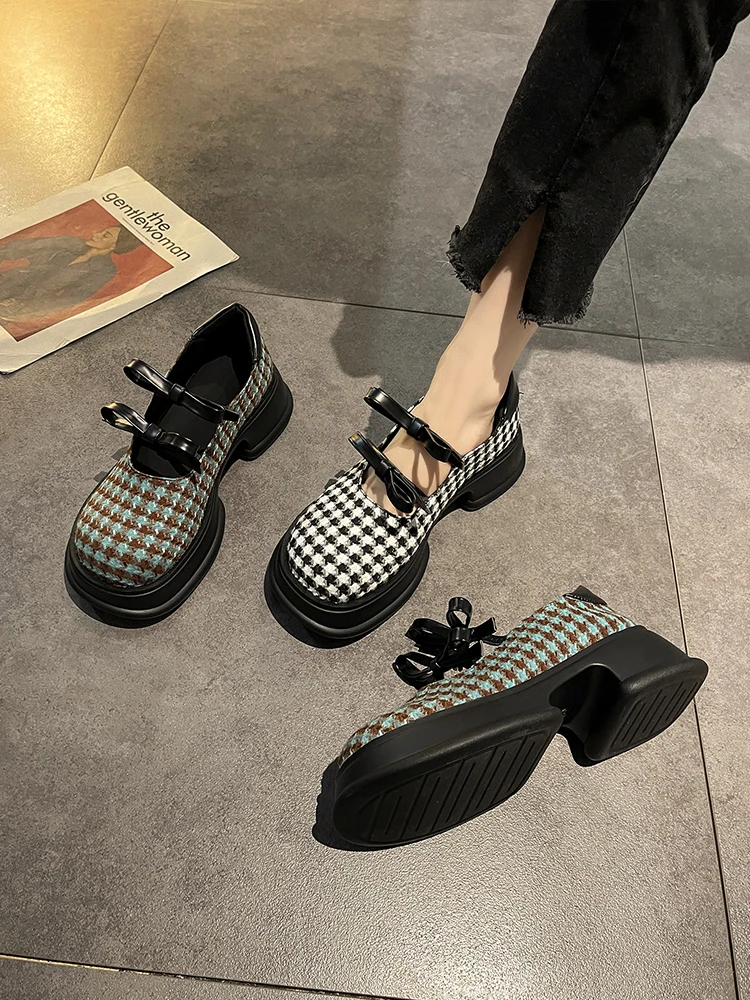 

Women's Shoes 2022 Spring and Autumn New Fashion Retro Plaid Anti-leather Shoes Thick Bottom Bow Mid-heel Shoes