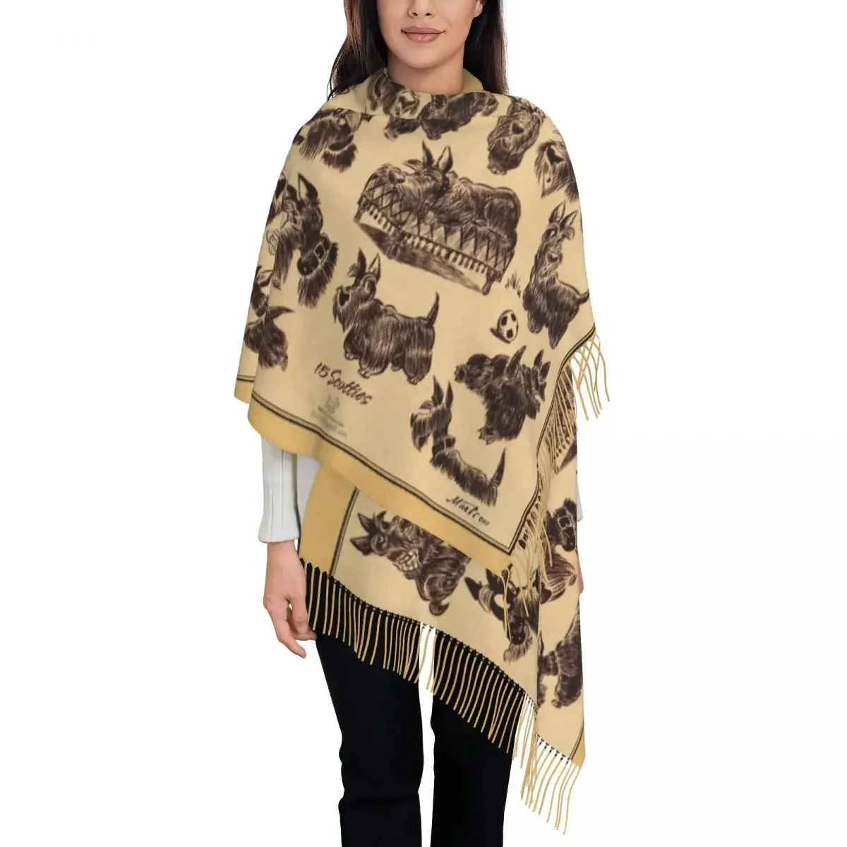 Винтажный шарф для собак в стиле Скотти Женская Длинная зимняя теплая шаль с