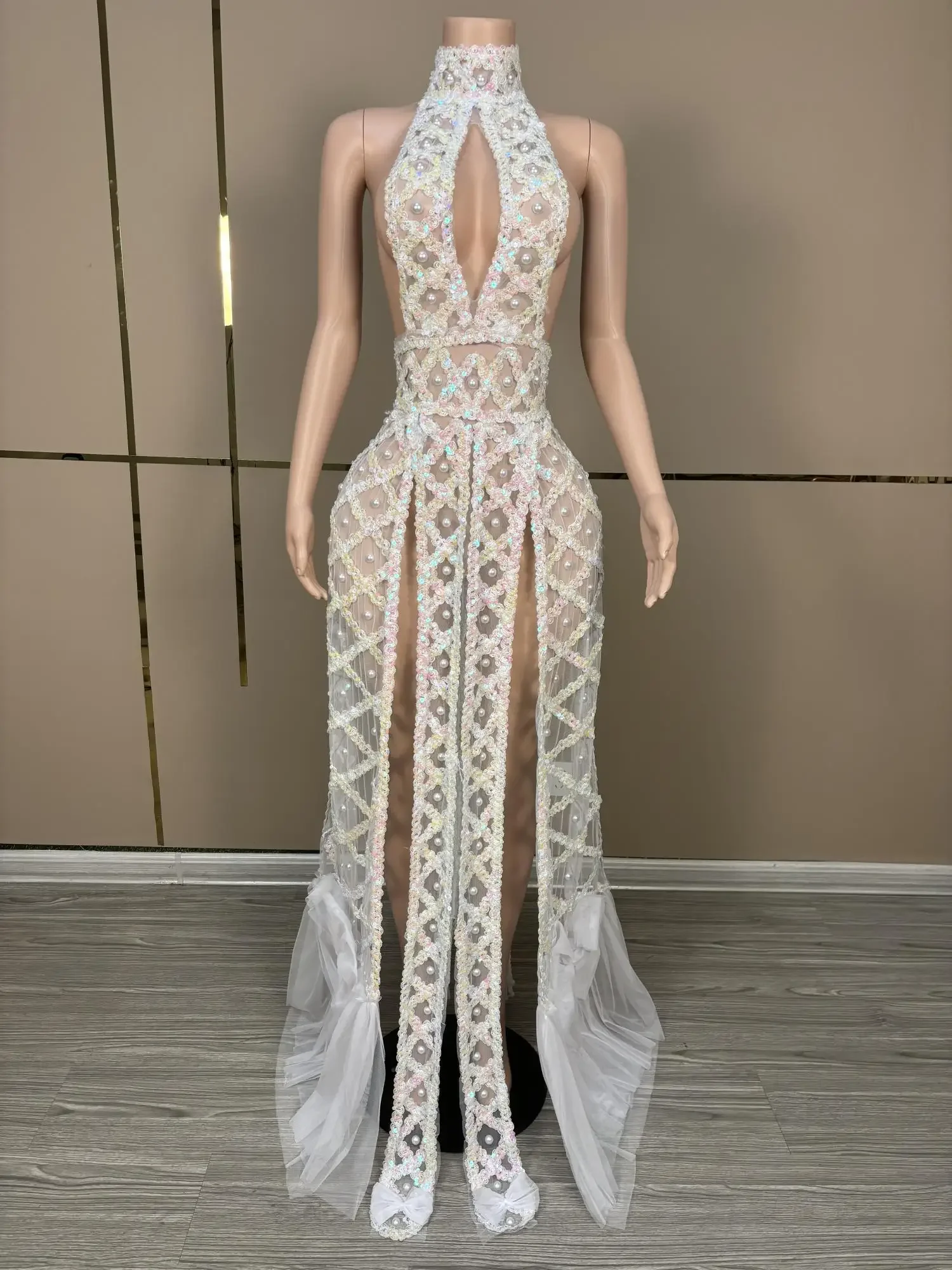 2024 Сетчатое жемчужное платье с открытой спиной для женщин высоким разрезом Pron Gown