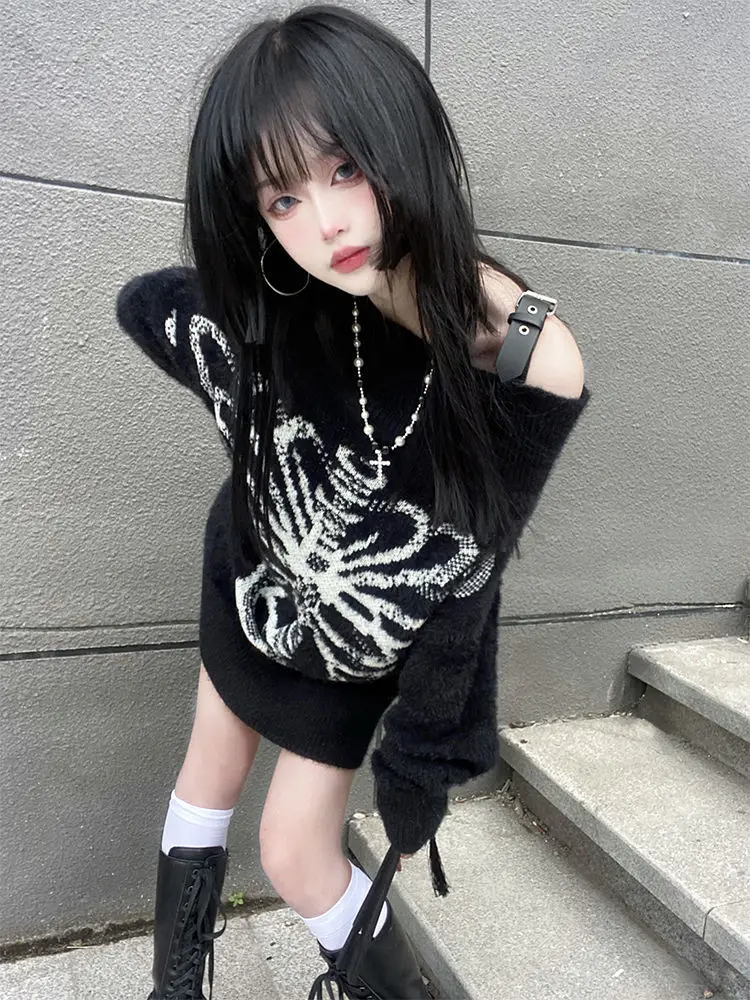 

Oversized Sweater Loose cartoon anime Print Women Vintage Y2K clothes Knitted Sweater 2022 Autumn Cotton Pullover Unisex goth