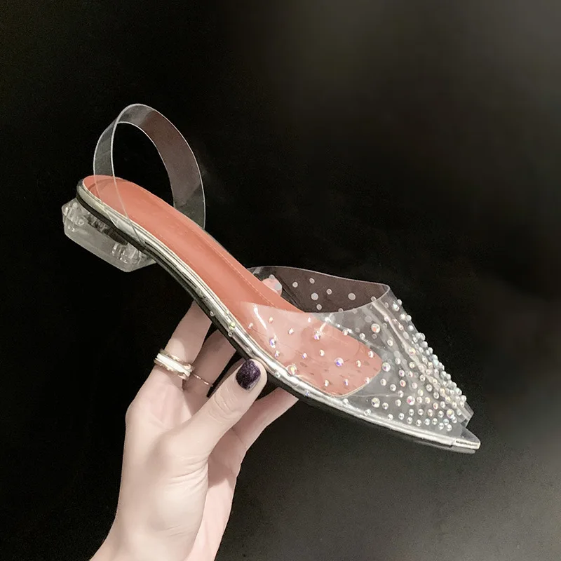 

Euramerican summer 2023 new women's rhineau transparent pointed hollow low heel sandals crystal half drag 35-42 size