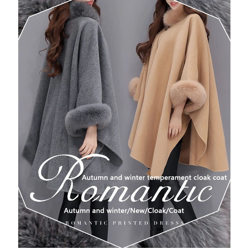 

Elegant Women Winter Coats Batwing Fluffy Sleeve Cape Jacket Lady Woolen Overcoat Cape Fox Fur Collar Warm Ponchos Feminino