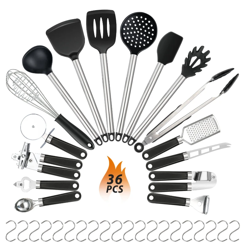 

Silicone Cooking Utensil Set, 36pcs Silicone Cooking Kitchen Utensils Set, Non-Stic, Black