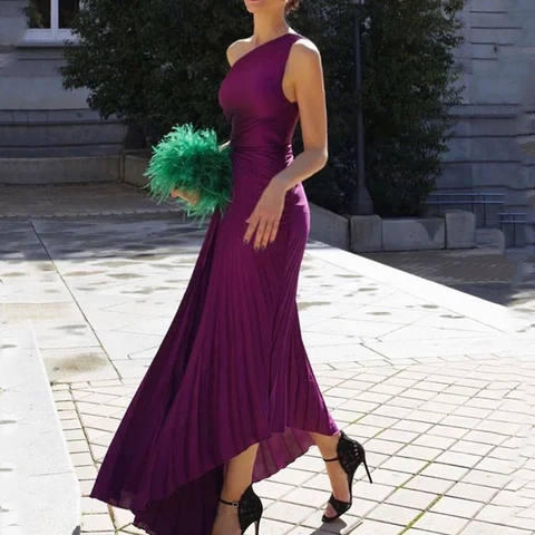 Elegant One Shoulder Sleeveless Party Dress Sexy Hollow Out Off Shoulder Pleated Dress New Fashion Women Skew Collar Long Dress