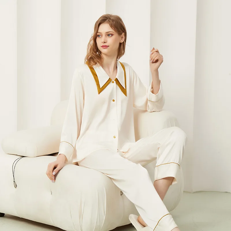 

White Color Elegant Long Sleeved Trouser Suit Home Clothes Newest Women's Autumn Simple Style Silk Pajamas Sleepwear Women