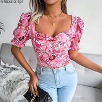 2022 women chiffon shirt lantern sleeve square neck floral cropped sexy slim casual top new spring summer fashion wild clothing